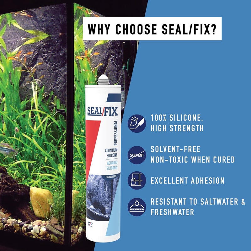 SEAL/FIX سيليكون حوض السمك Seal/Fix شفاف - سيليكون آمن للأسماك لأحواض المياه العذبة والمالحة، مقاوم للماء، غير سام، لاصق مرن للزجاج، إصلاح التسربات والزينة (2 × 10.1 أونصة سائلة، عبوتان) - Image 4